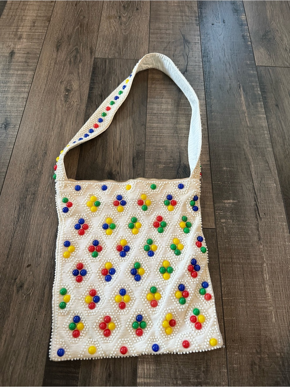 Vintage 60s, 70s White Beaded Purse With Colorful Candy Dot Pattern Zip Top